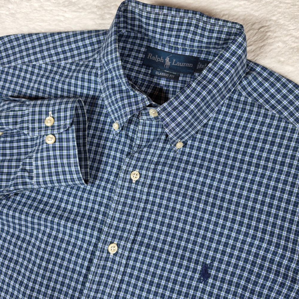 Ralph Lauren Classic Fit Mens 16 32/33 Blue Plaid L/S Button Up Shirt